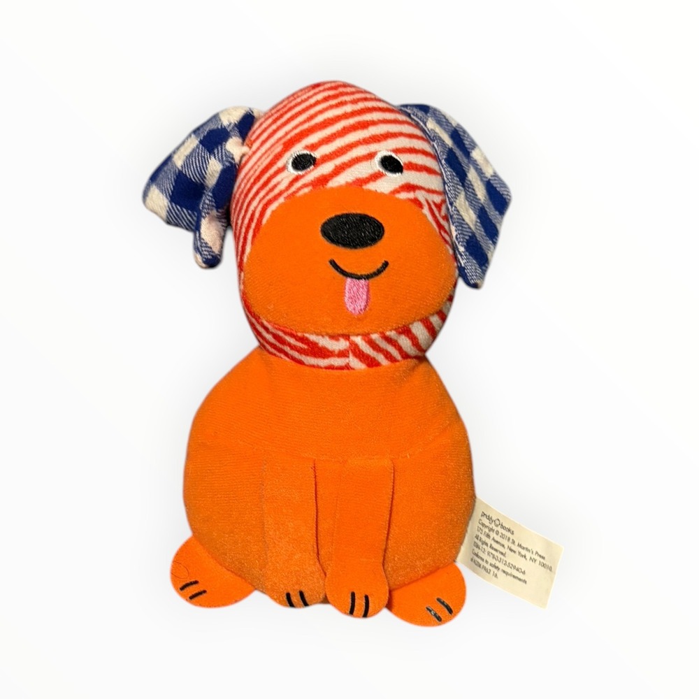 Priddy Books Orange Plush Dog Red Striped Head Blue Gingham Ears 6 Inch Toy